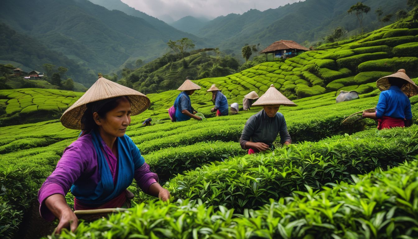 A photo of workers harvesting tea leaves in a bustling atmosphere at Lakkatura Tea Garden.