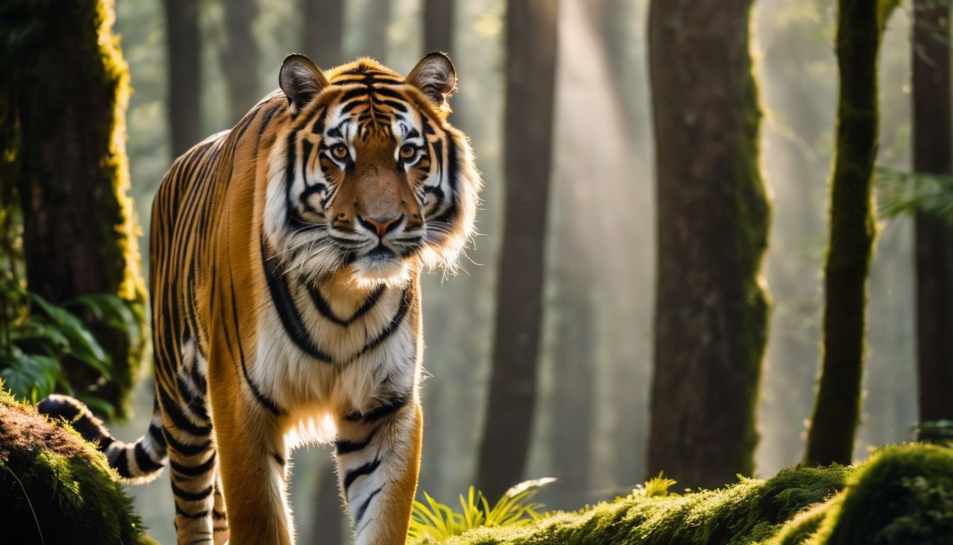A Royal Bengal Tiger prowls through a lush forest in a stunning wildlife photograph.