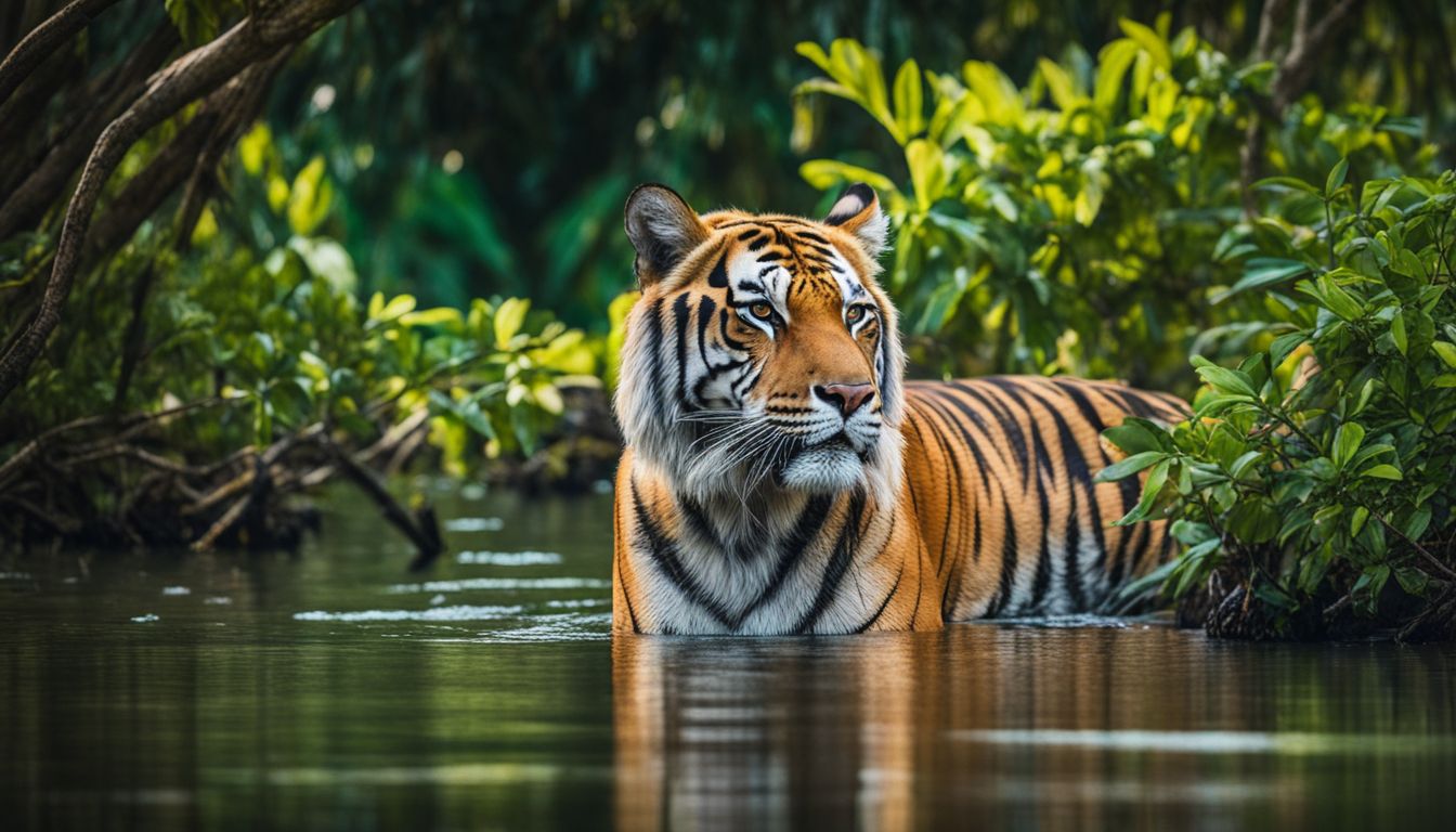 A stunning photo of a Royal Bengal Tiger hidden in dense mangrove trees, captured in vivid detail with a DSLR camera.