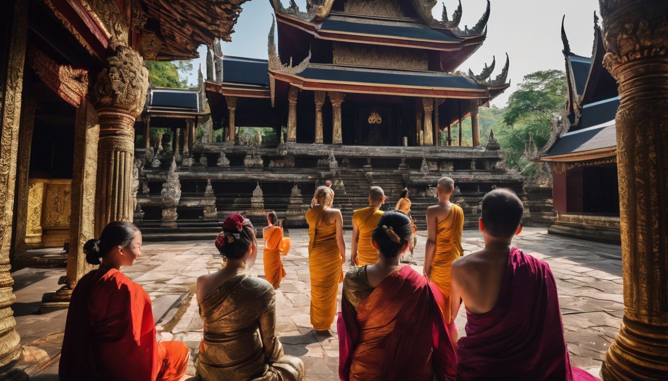 A diverse group of tourists exploring a Buddhist temple in Thailand.