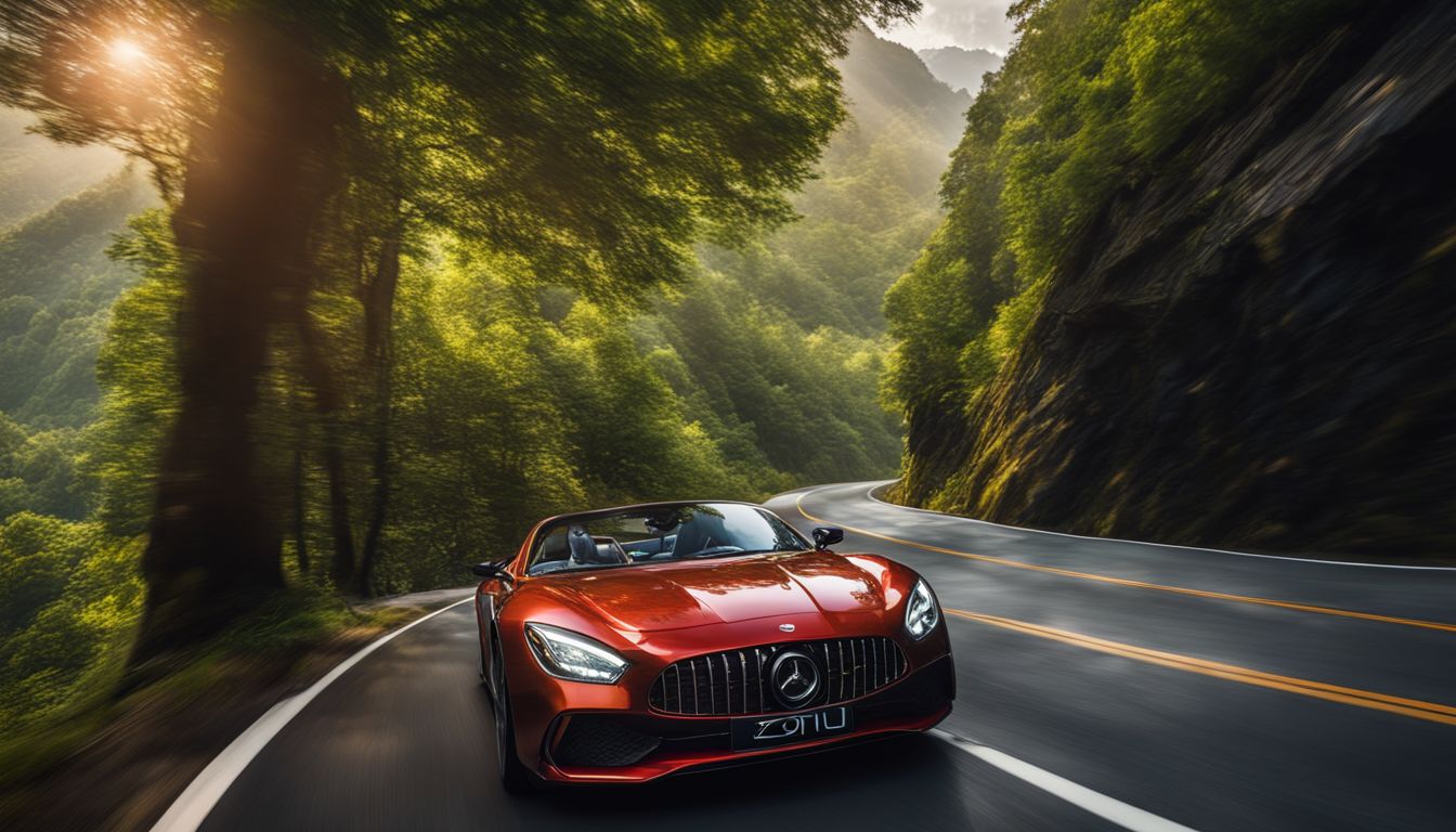 The photo shows a luxury car driving on a scenic mountain road surrounded by lush greenery.