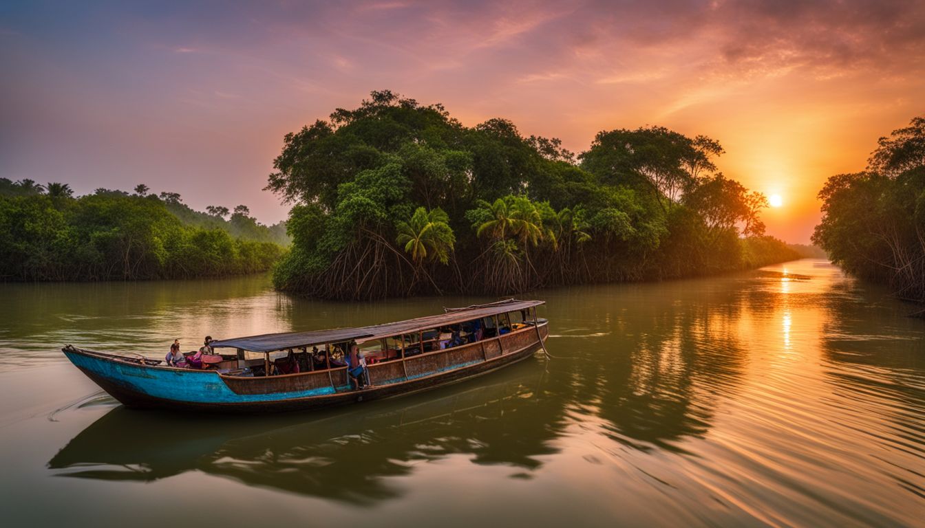 A boat navigates the winding channels of the Sundarbans at sunset, capturing the bustling and picturesque atmosphere.