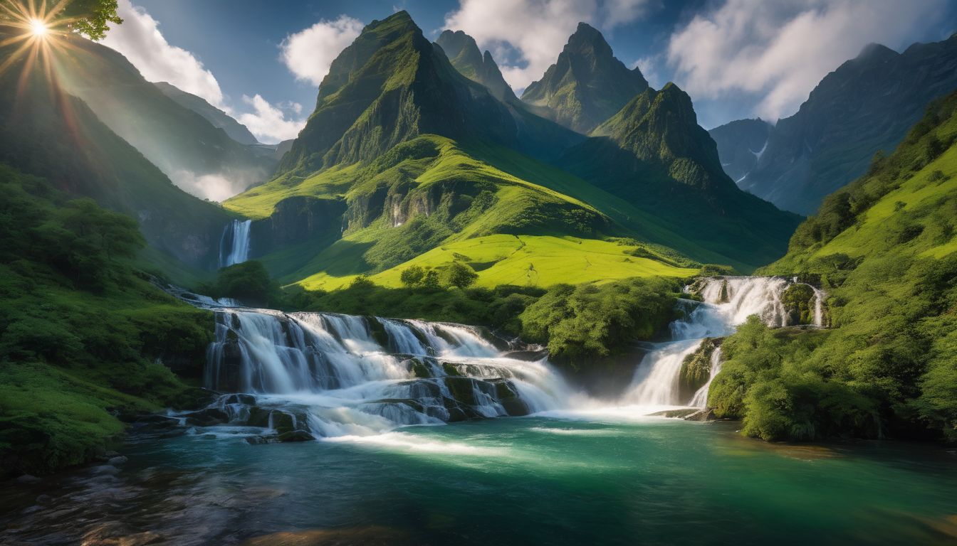 A stunning photograph showcasing a majestic waterfall surrounded by lush green mountains.