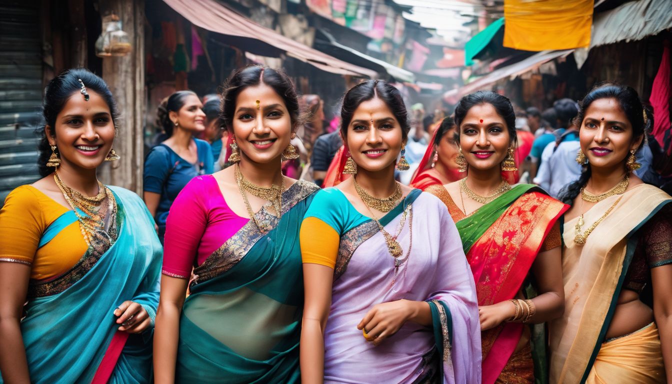 A diverse group of stylish Bangladeshi women in colorful sarees posing in front of a traditional market.