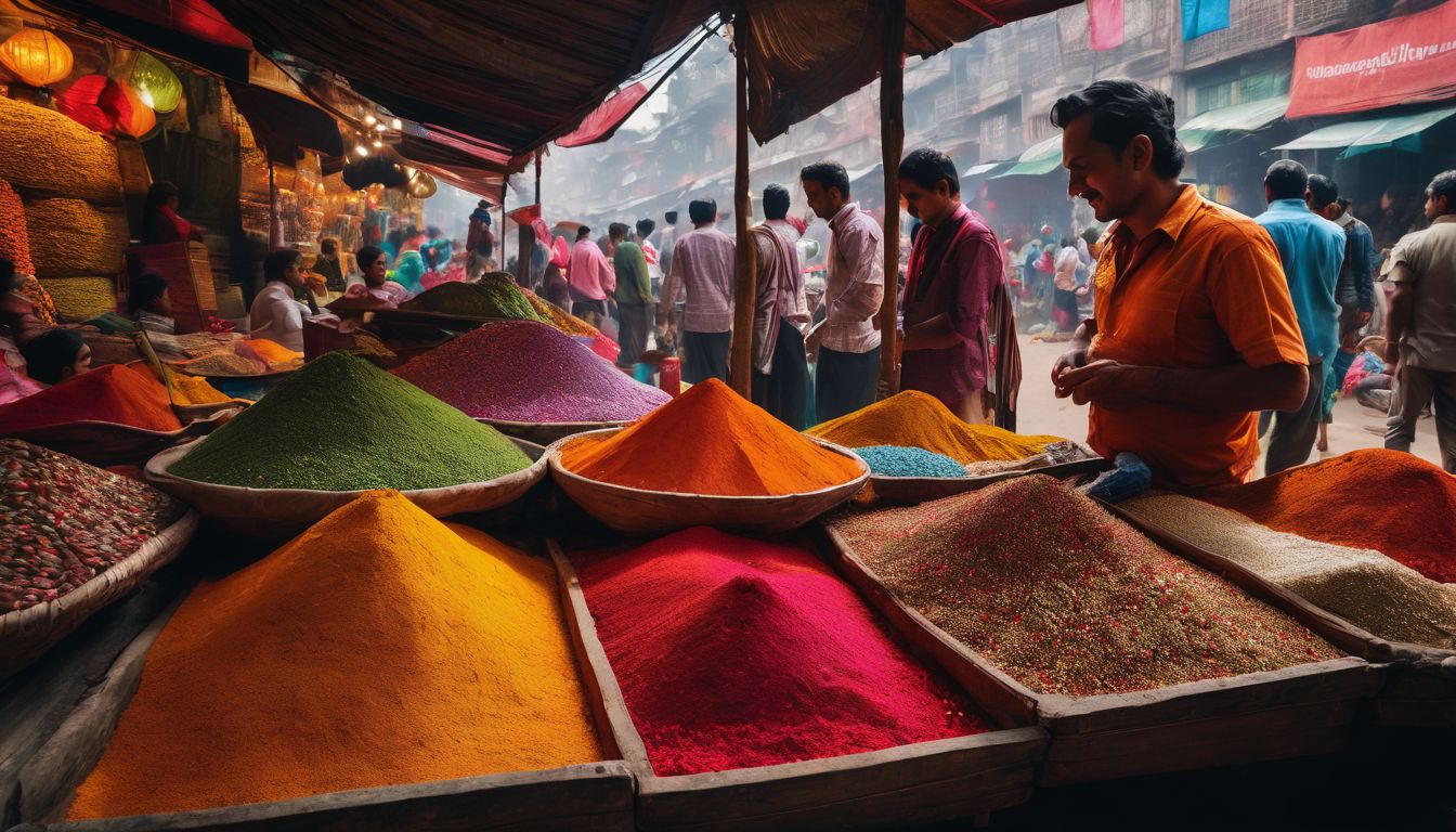 A vibrant street market in Old Dhaka with colorful spices, textiles, and a bustling atmosphere.