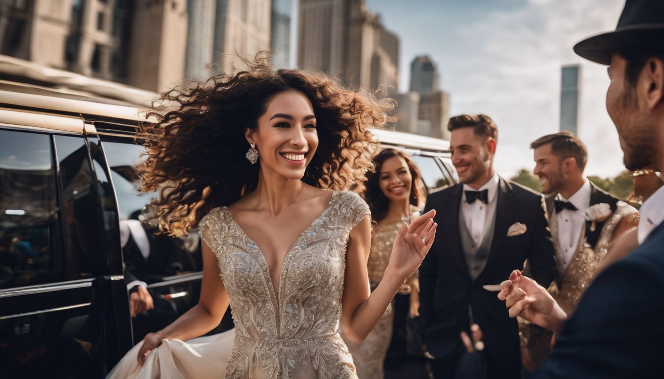 A diverse group of people happily entering a luxury limousine.