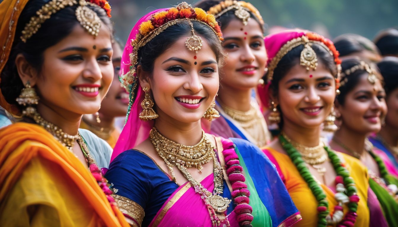 The photo captures a lively cultural performance showcasing Bangladeshi women in vibrant traditional clothing.