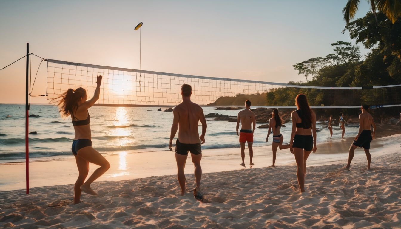 A diverse group of friends play beach volleyball on the shores of Ko Samet.