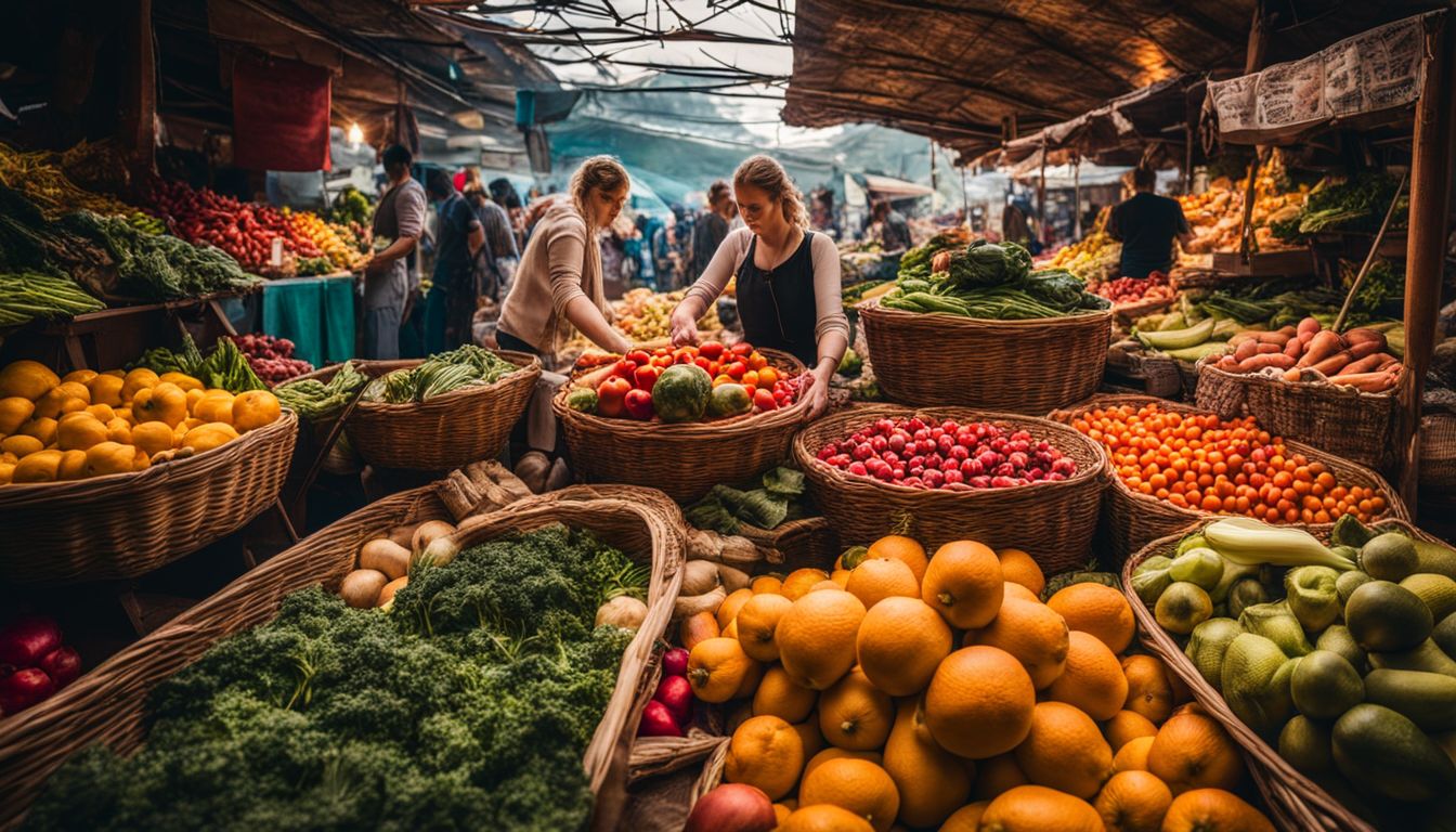 A vibrant local market with a variety of fresh fruits and vegetables, captured in stunning detail.