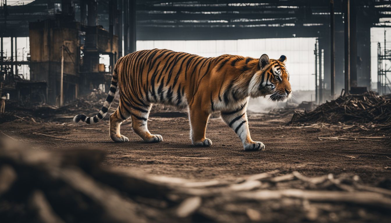 An isolated tiger walks through a deforested landscape with an industrial backdrop.