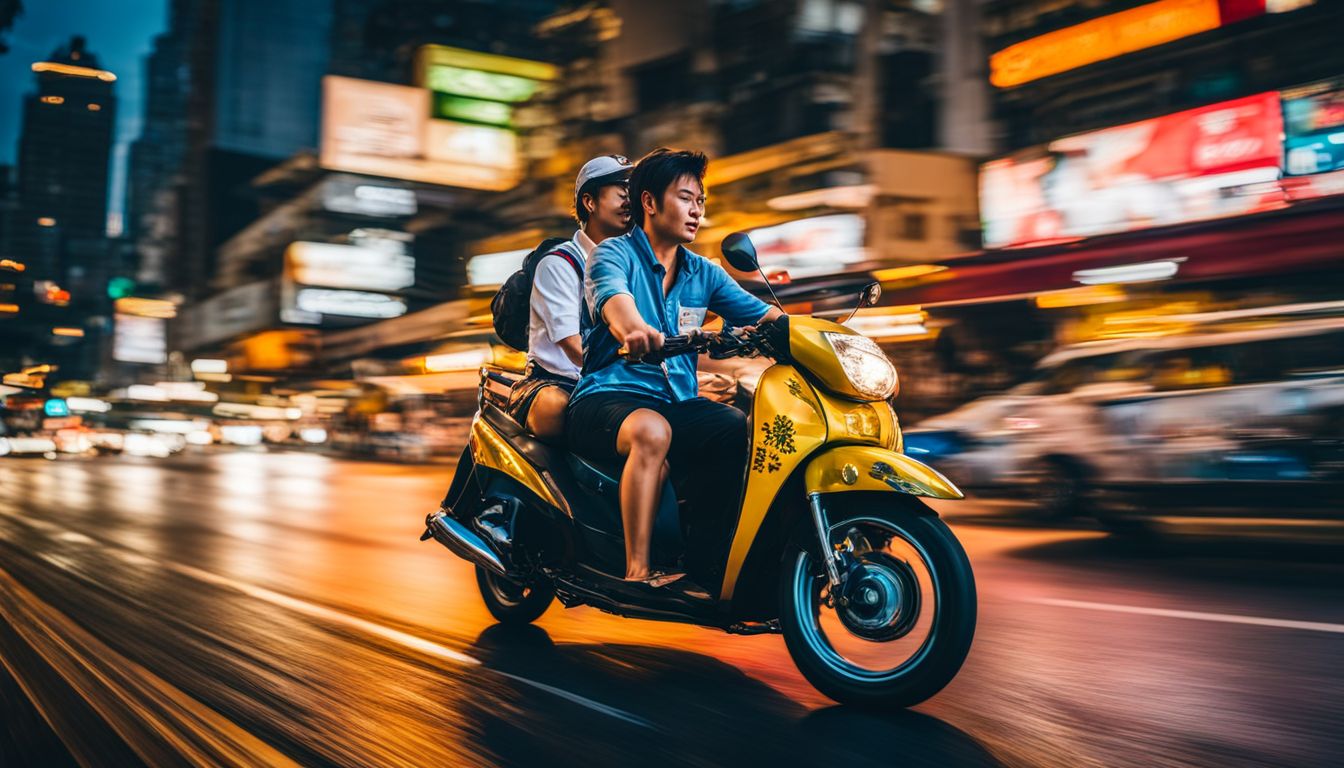 A vibrant three-wheeler taxi drives through bustling streets of Bangkok, capturing the diverse faces and atmosphere of the city.