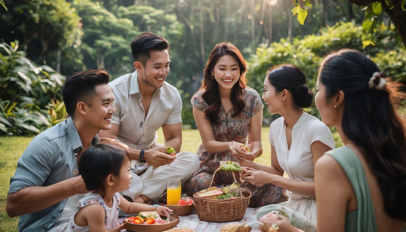 A diverse Thai family enjoying a picnic in a vibrant garden setting.
