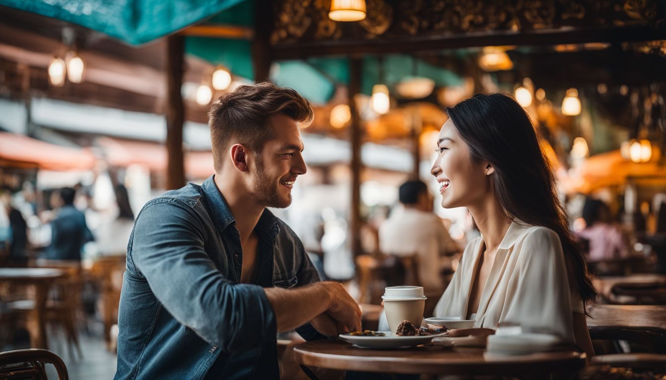 A man and a woman are sitting at a café engaged in conversation, while the cityscape serves as the backdrop.