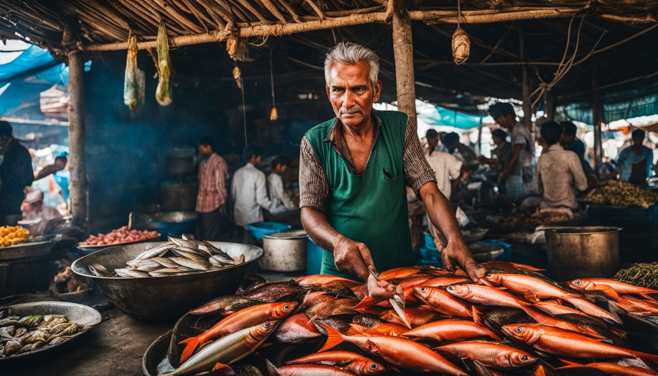 A fish vendor showcases a variety of fresh seafood at the bustling Sundarbans Fish Bazar.