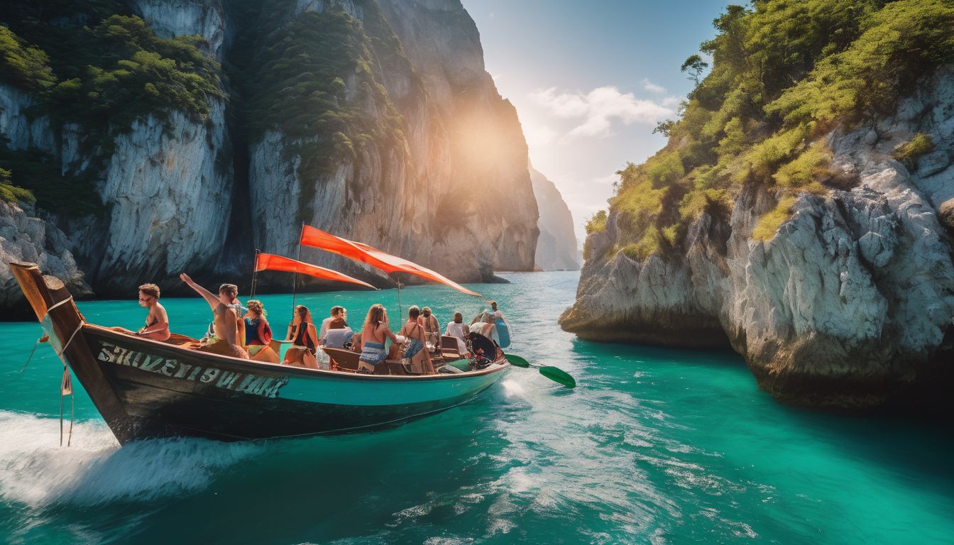 A diverse group of tourists enjoy a scenic boat ride surrounded by turquoise waters and limestone cliffs.