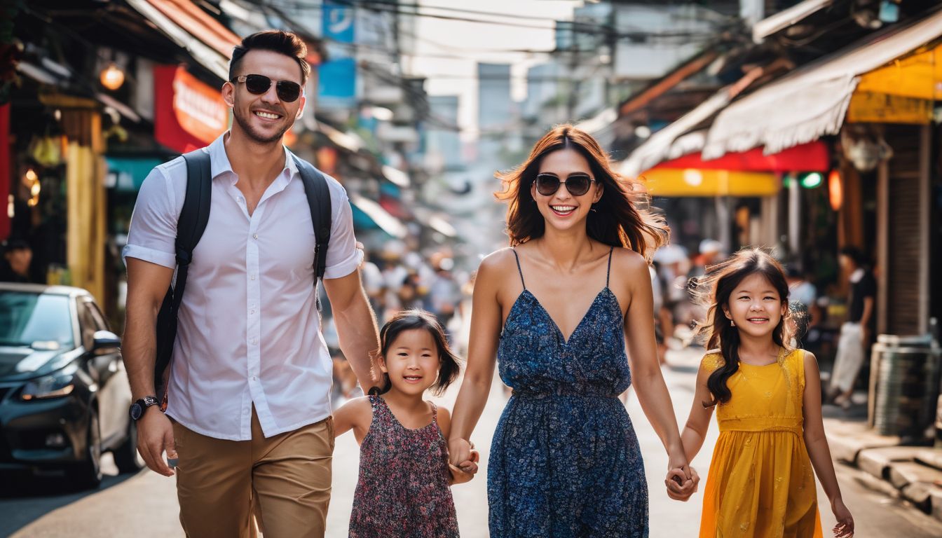 A happy family explores the vibrant streets of Bangkok in a bustling atmosphere.