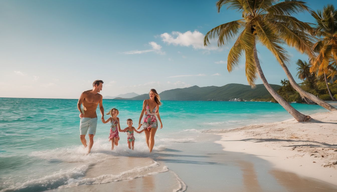 A joyful family enjoys a day of fun and relaxation on a beautiful tropical beach.