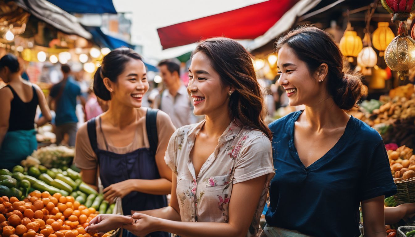 A happy family explores a vibrant Thai street market, capturing the bustling atmosphere and colorful scenery.