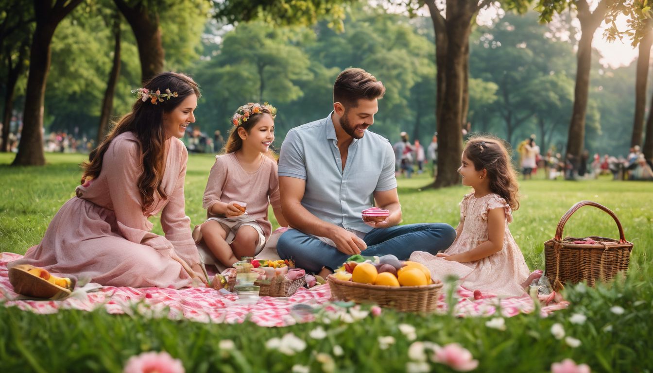 A family enjoys a picnic in Ramna Park surrounded by vibrant flowers and lush greenery.