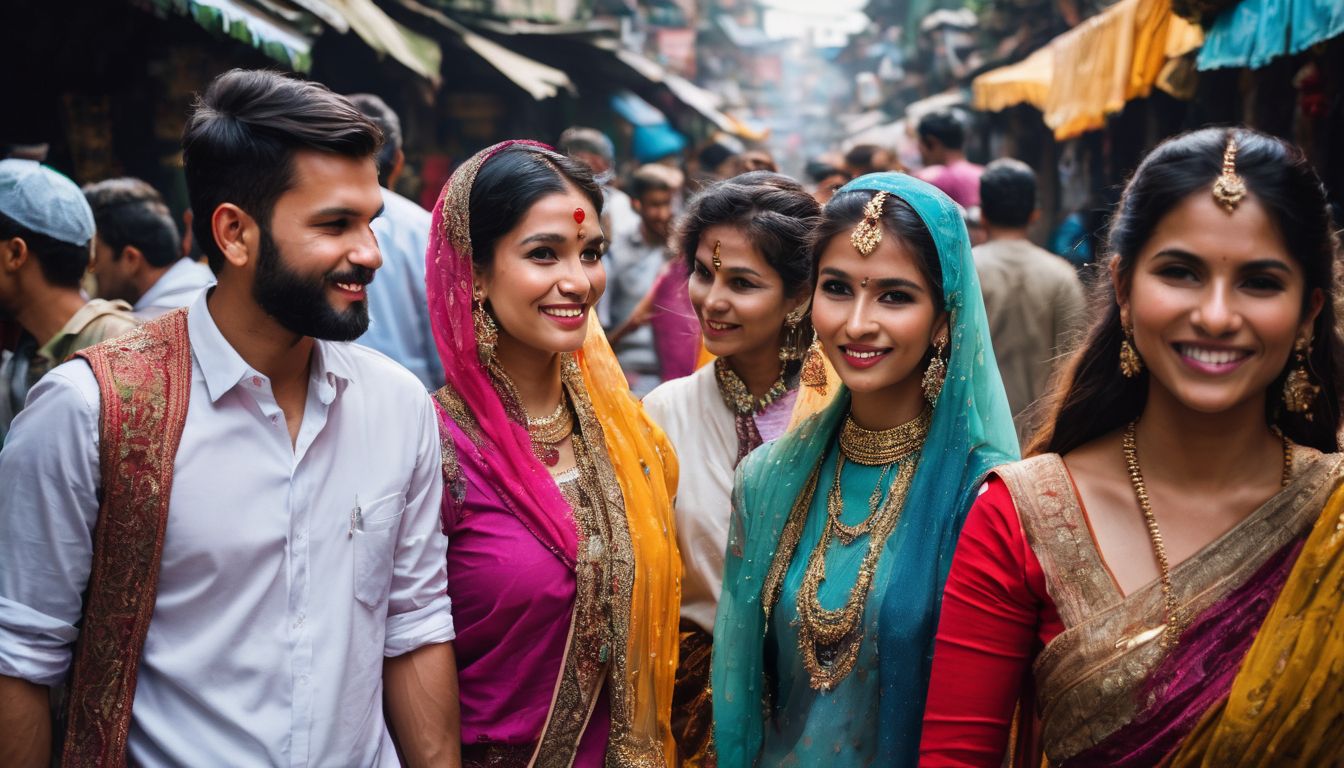 A diverse group of friends dressed in traditional Bangladeshi attire explore a vibrant marketplace.