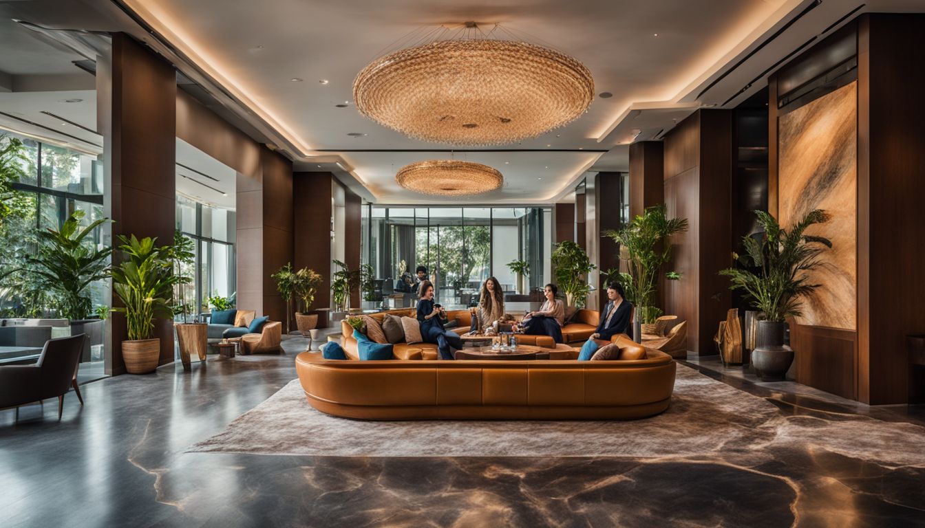 The lobby of a stylish boutique hotel in Bangkok with a bustling atmosphere and diverse group of guests.