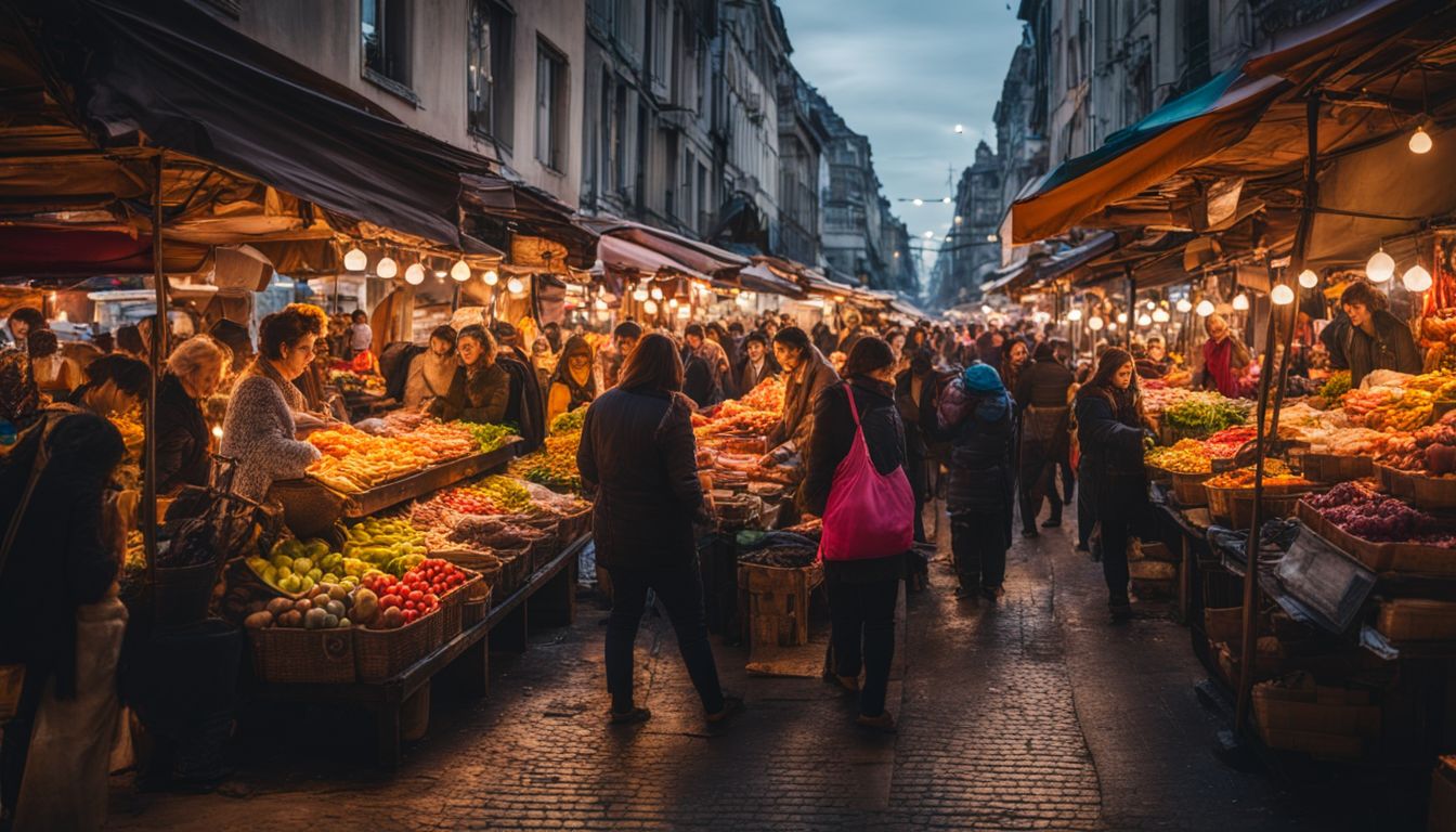 A lively street market with colorful stalls and busy shoppers, captured in a vibrant and bustling atmosphere.