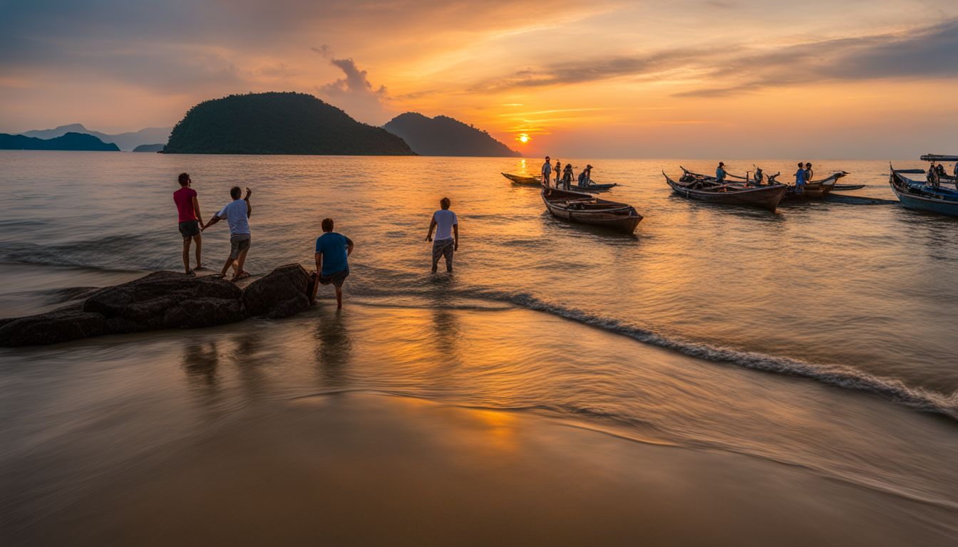Tourists enjoying the serene sunset and beach atmosphere at Klong Dao Beach.