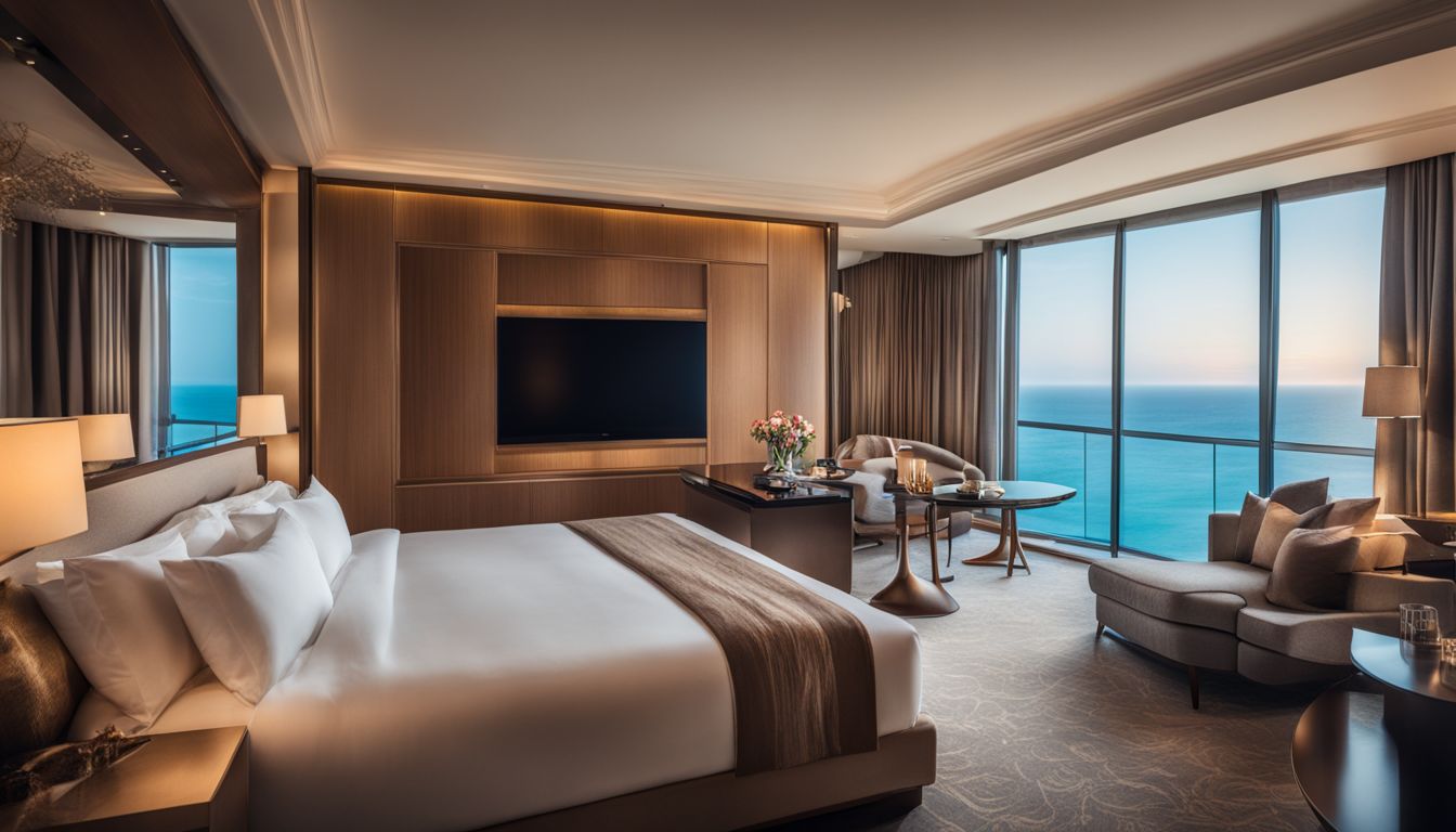 A beautiful and luxurious hotel room with a stunning sea view.