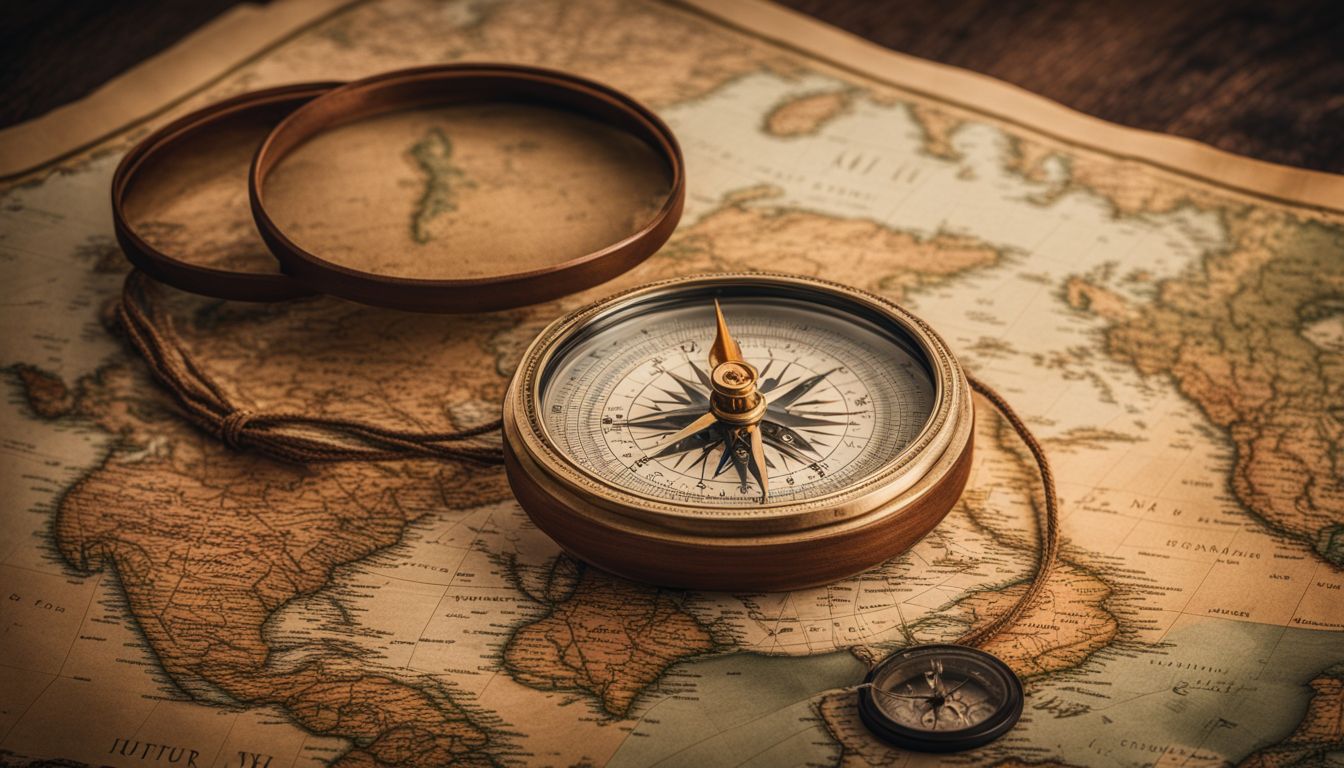 A close-up photo of a vintage world map with a compass and diverse individuals in different outfits.
