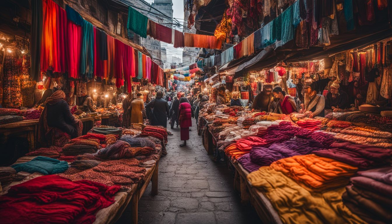 A photograph of a busy traditional market with vendors selling colorful textiles and clothing.