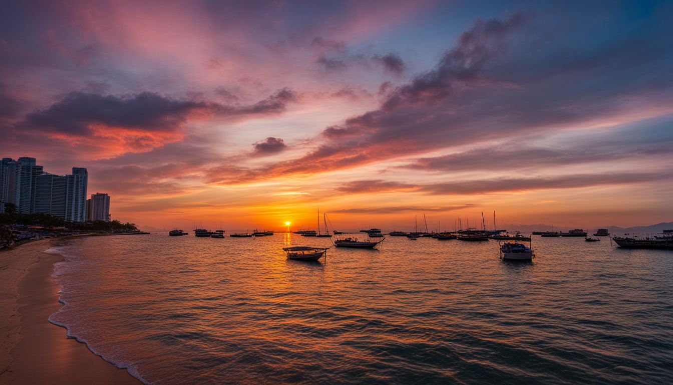 A vibrant sunset over Pattaya Bay, with a diverse group of people enjoying the scenery.