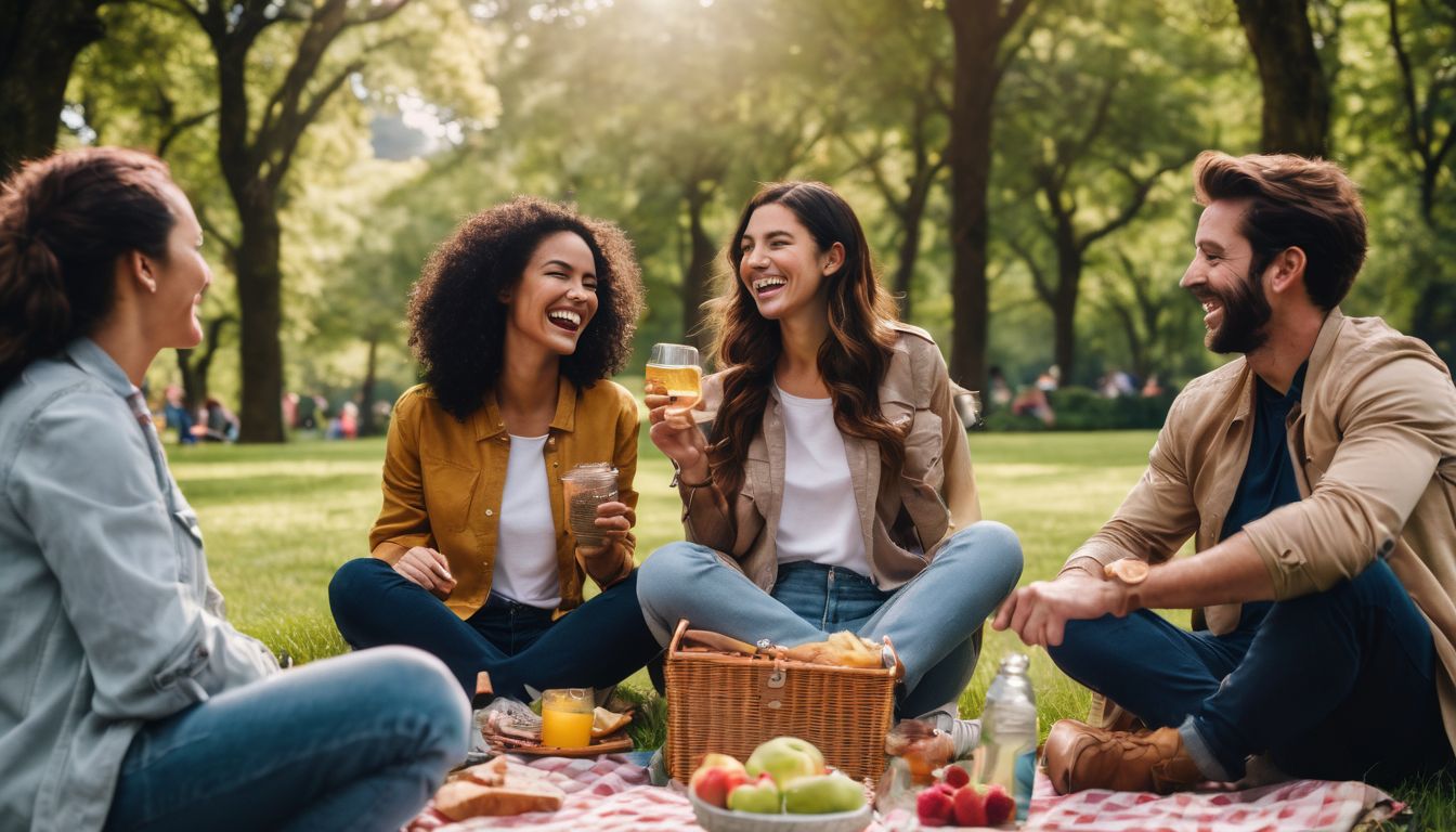 A diverse group of people enjoying a picnic in a lush park.