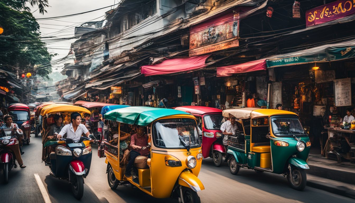 A vibrant street scene in Thailand filled with colorful transportation and diverse people.