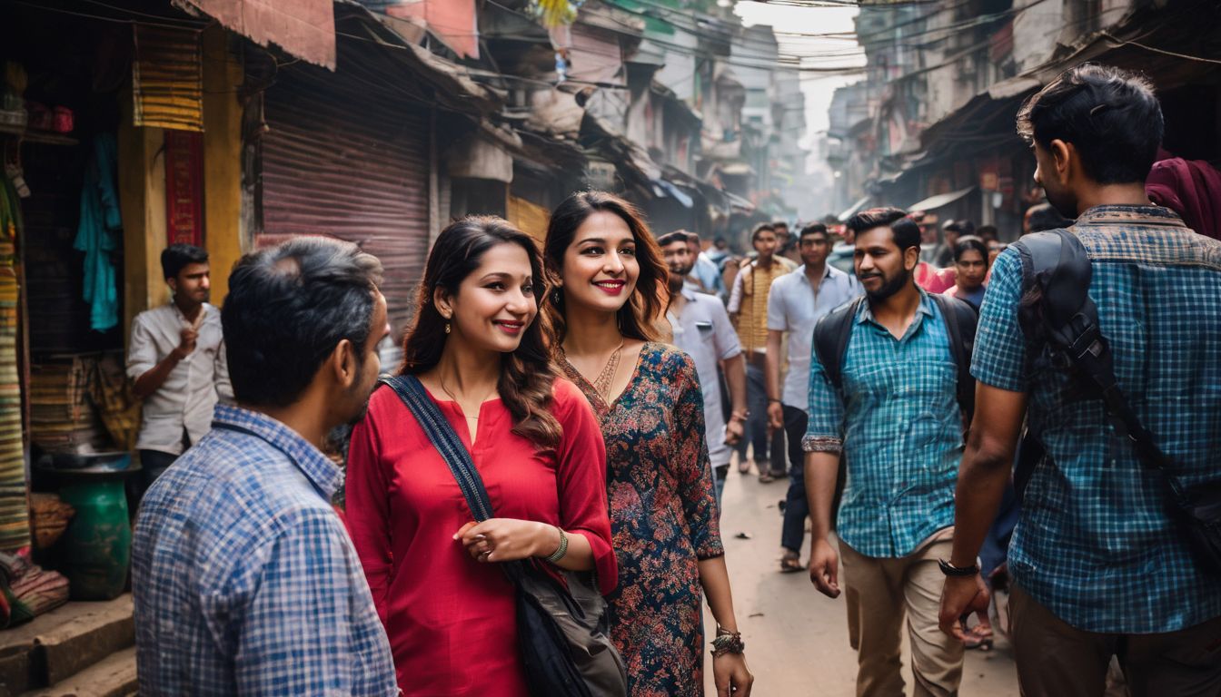 A diverse group of tourists exploring the vibrant streets of Dhaka City during a cultural tour.