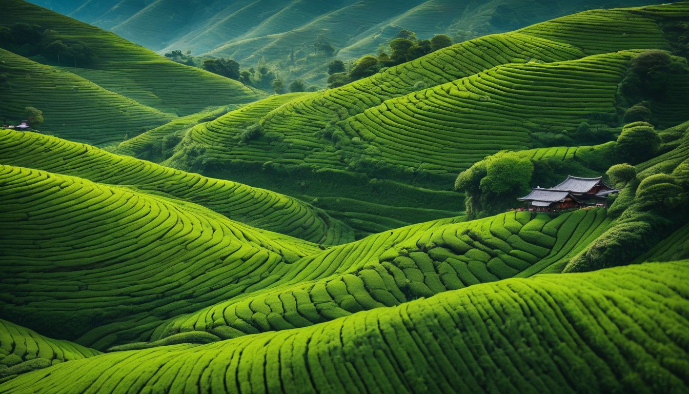 A captivating photo of lush green tea gardens extending across rolling hills with diverse people and a bustling atmosphere.