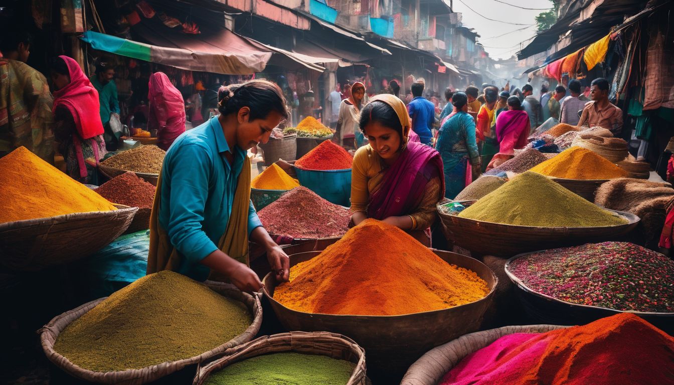A lively street market in Bangladesh filled with vibrant spices, textiles, and diverse people.