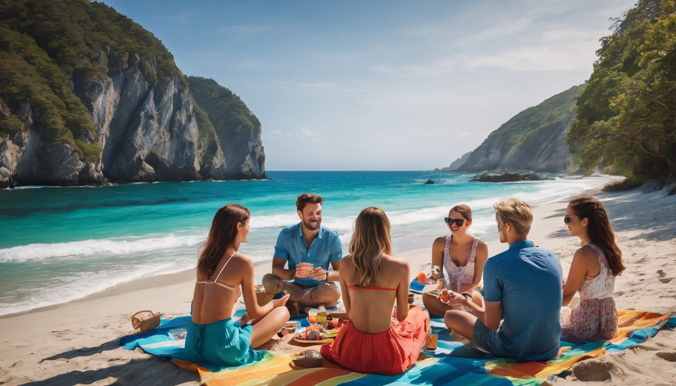 A diverse group of friends enjoy a beach picnic with colorful umbrellas and clear blue waters.