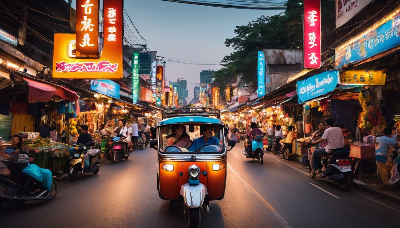 A group of tourists riding a colorful tuk-tuk through the vibrant streets of Thailand's night market.