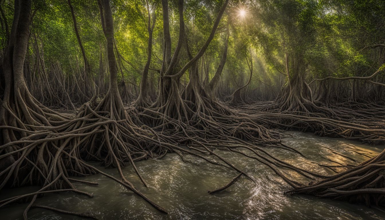 A captivating photo of mangrove roots in the dense Sundarbans forest, showcasing their importance and beauty.