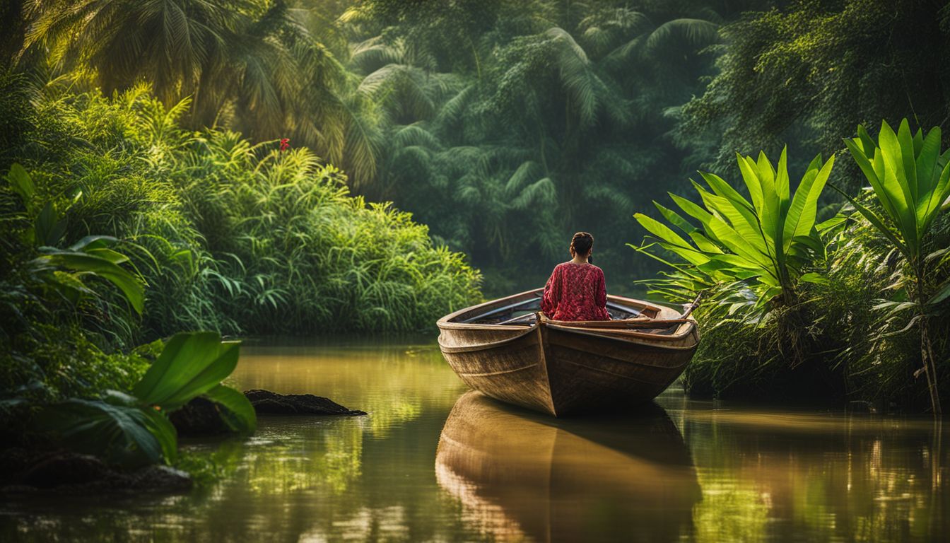 A vibrant tropical landscape featuring a traditional Bangladeshi boat surrounded by lush greenery and a bustling atmosphere.