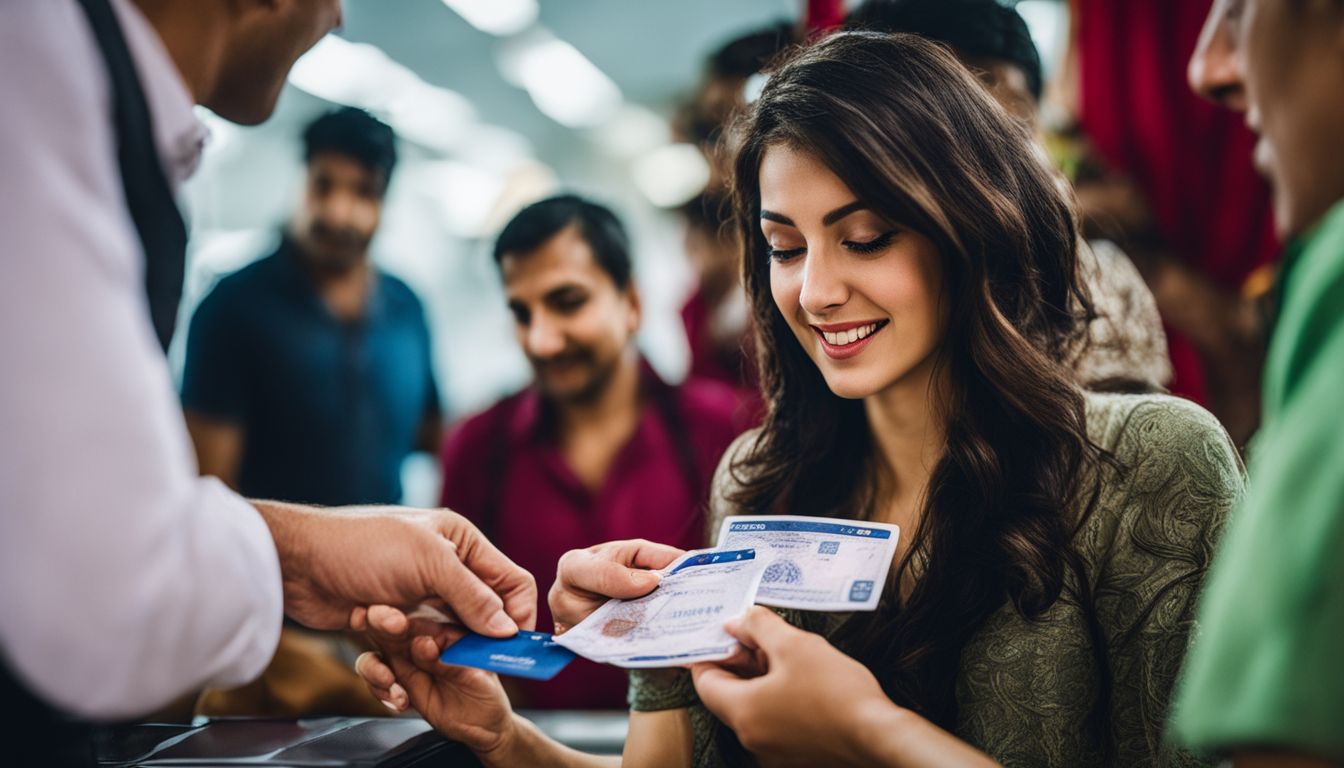 A traveler is receiving a visa stamp at the Bangladesh airport in a bustling atmosphere.