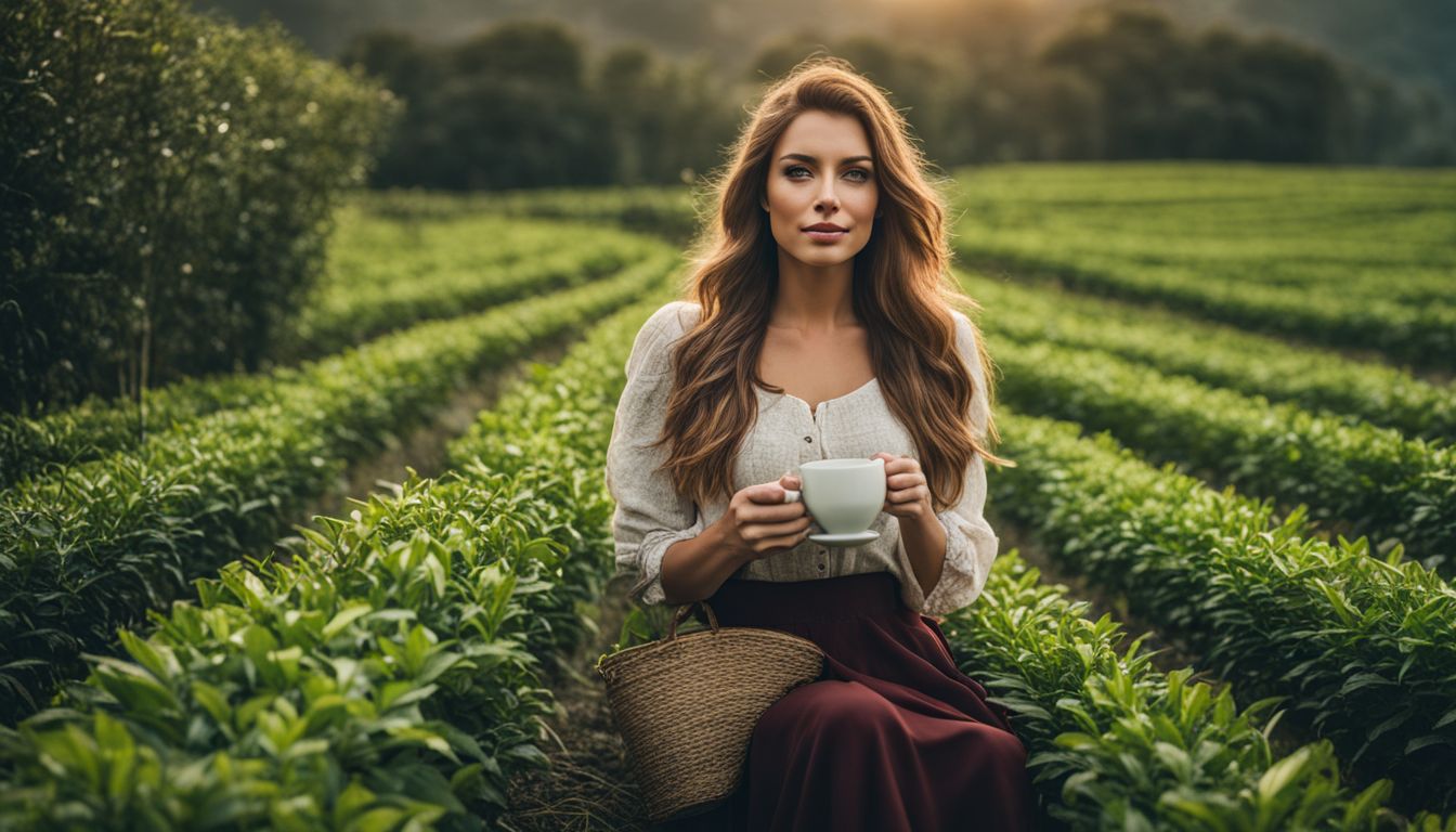 A woman enjoys a cup of tea amidst rows of tea plants in a vibrant and lively atmosphere.