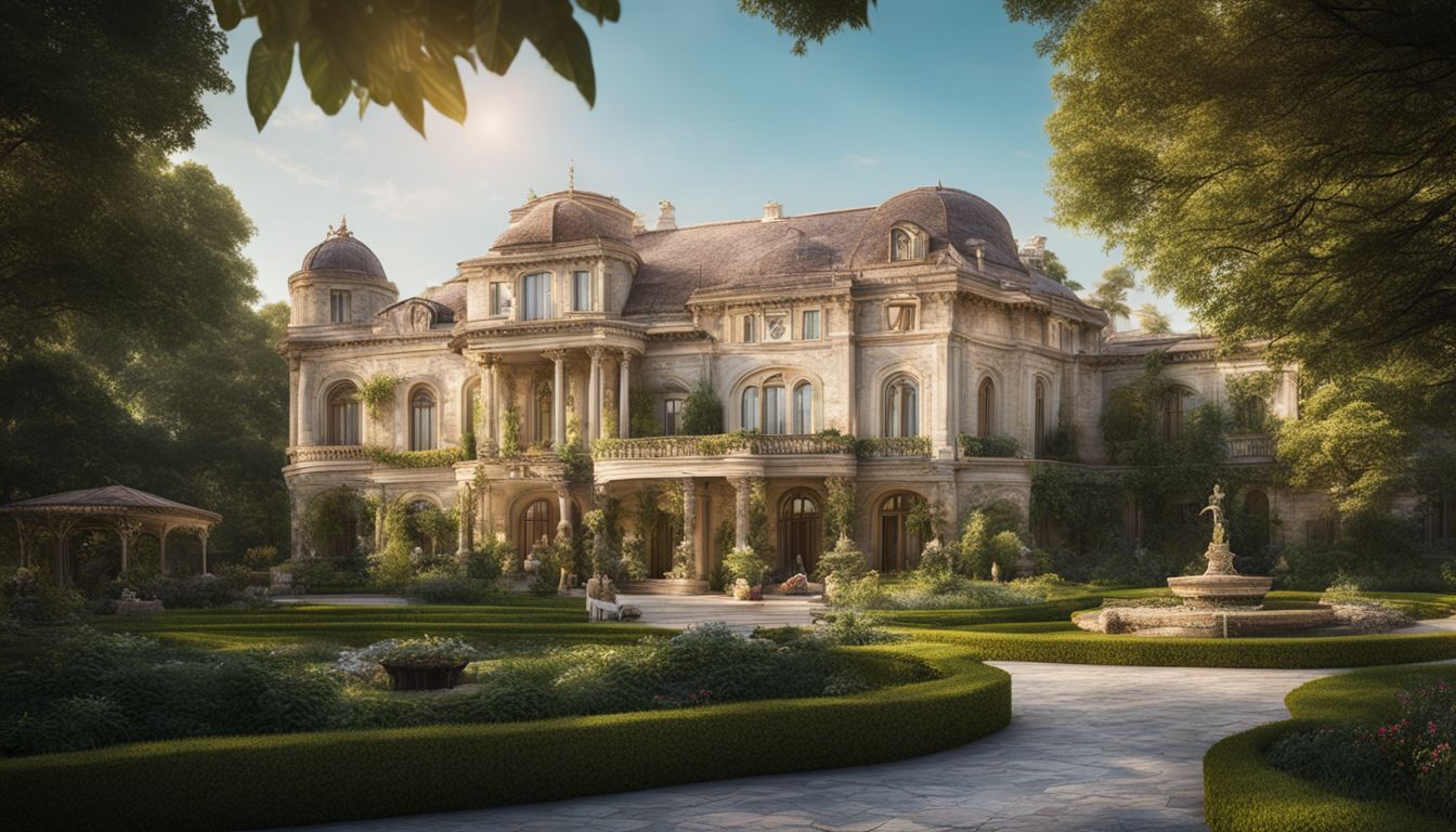 Exterior shot of a luxurious mansion surrounded by green gardens, with a diverse group of people in various outfits.