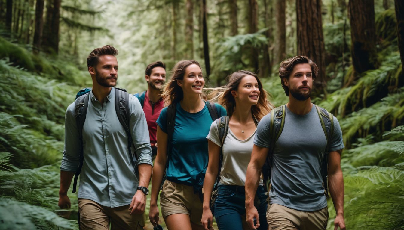 A diverse group of friends hike together in a beautiful forest, captured with high-quality equipment and editing.
