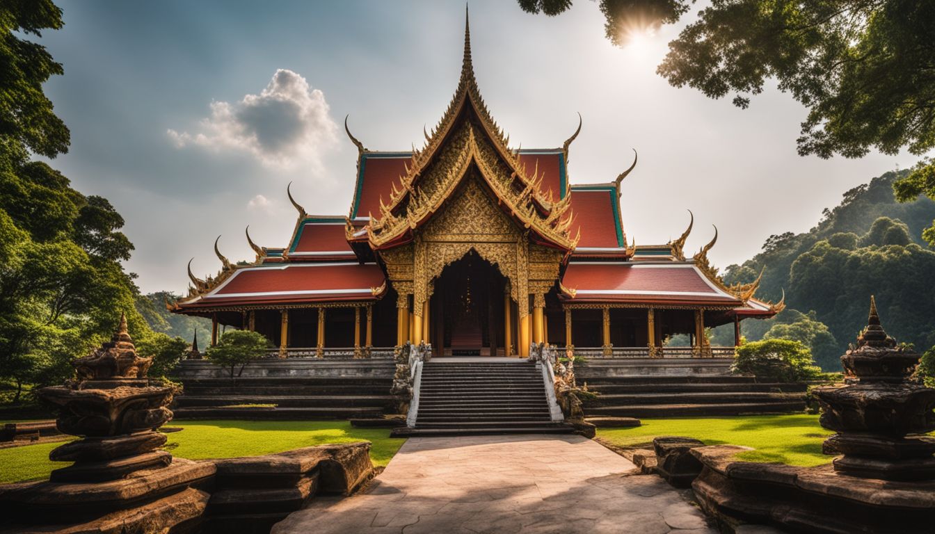 A photo of a Buddhist temple surrounded by lush Thai landscape with diverse individuals admiring the intricate architecture.