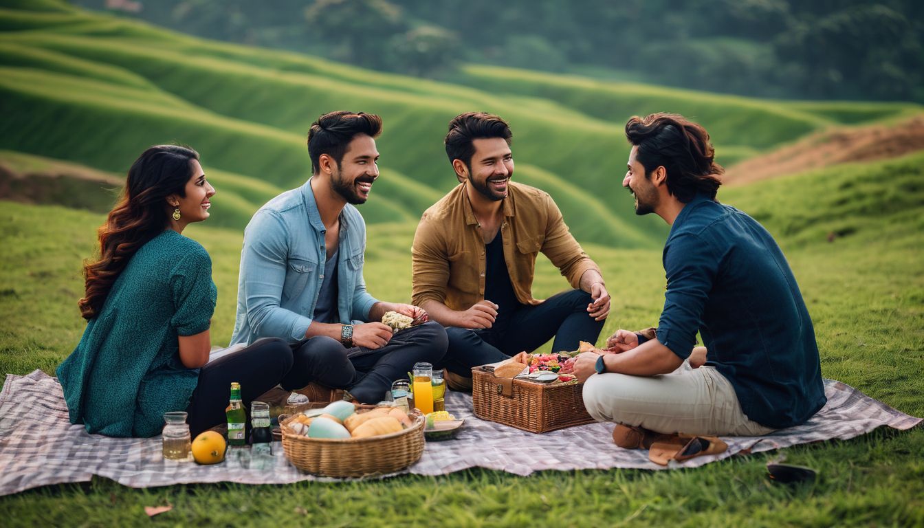 A diverse group of friends enjoy a picnic overlooking the vibrant city of Dhaka.