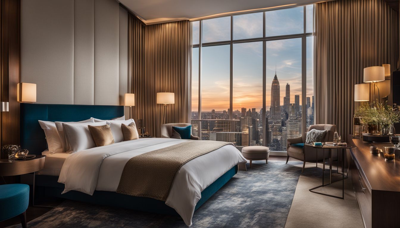 A photo of a luxurious boutique hotel bedroom overlooking a cityscape, with diverse people and stylish décor.
