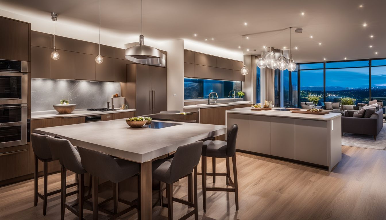 A modern kitchen with smart lighting and customizable LED lights.