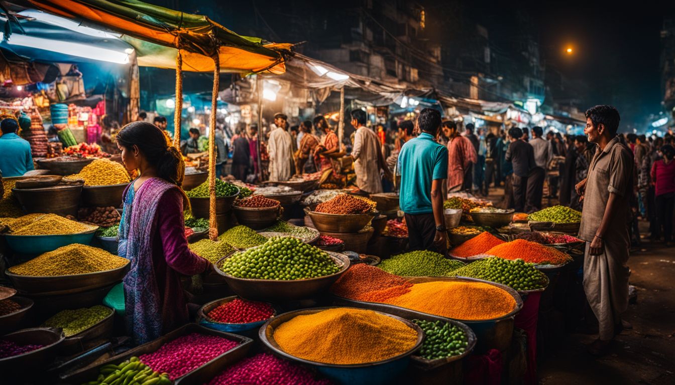 A vibrant street market in Dhaka with colorful vendors and bustling activity.