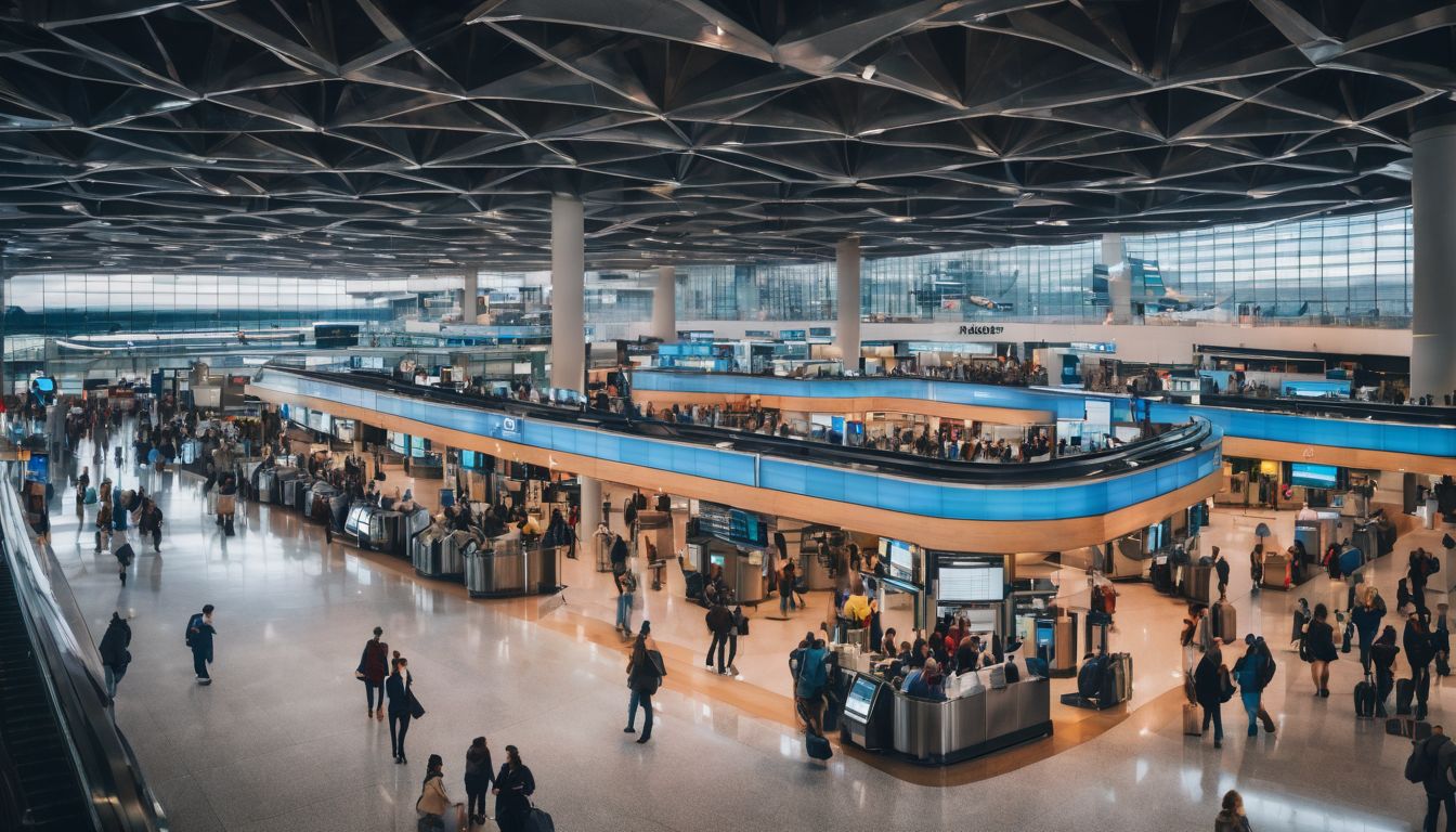 A bustling airport terminal filled with people checking in and boarding flights, captured in a clear and dynamic photograph.